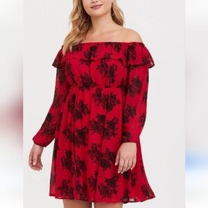 Torrid Women's 00 Long Sleeve Mini Dress Off The Shoulder Red Black Floral M Lg